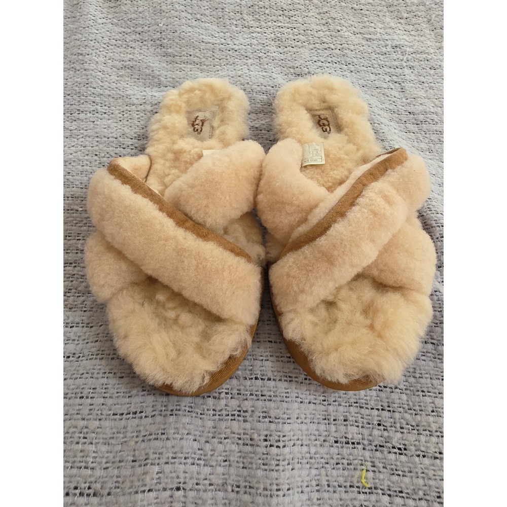UGG Abela Sheepskin Suede Cross Strap Slides Tan Cream Slippers 1017548 Mens 8‎